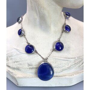 Vintage SG Designer Sterling Silver Cobalt Blue Glass & Chrome Stations Necklace